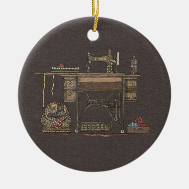 Adorno De Cerámica Máquina de coser y gatitos del pedal (Frente)