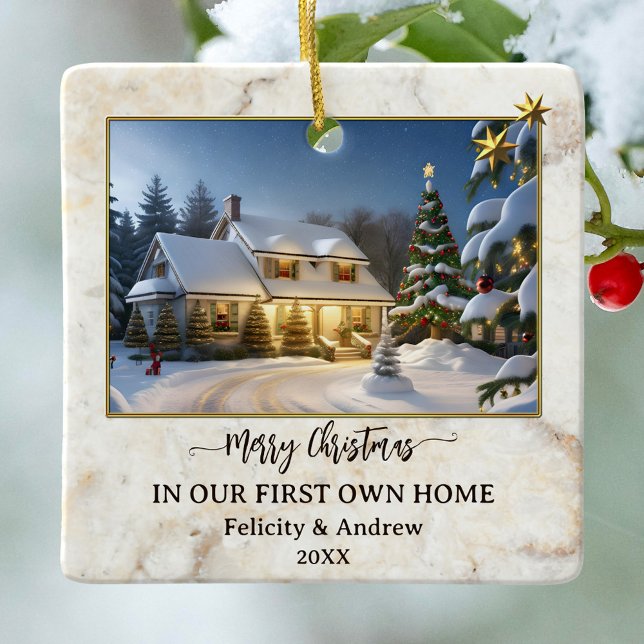 Adorno De Cerámica Marble Gold foto de casa propia (Christmas ornament featuring your custom photos framed by a chic marble design with golden stars)