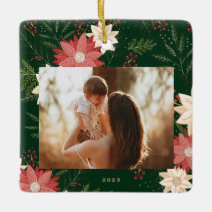 Adorno De Cerámica marco botánico de foto verde de navidad alegre