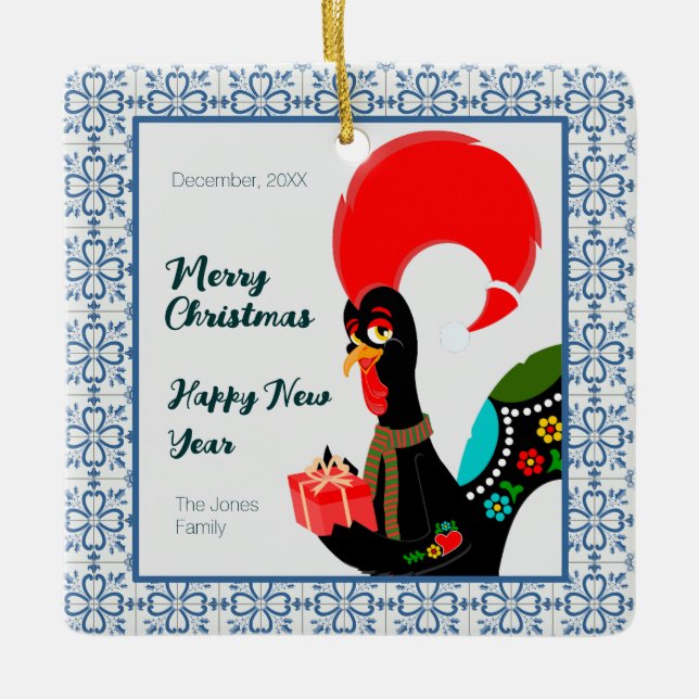 Adorno De Cerámica Marco de baldosas azules y gallos azules de Portug (Anverso)