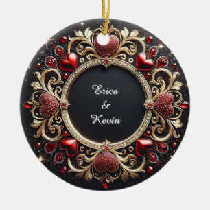 Adorno De Cerámica Marco de boda de oro lujoso con corazones rojos