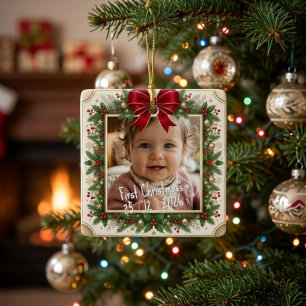 Adorno De Cerámica Marco de foto de Navidad del primer bebé con lazo