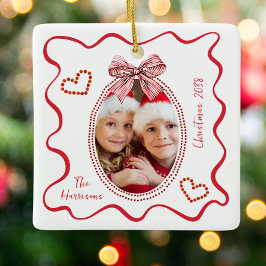 Adorno De Cerámica Marco de Navidad Rojo Caprichoso con Foto y Lazo O