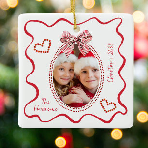 Adorno De Cerámica Marco de Navidad Rojo Caprichoso con Foto y Lazo O