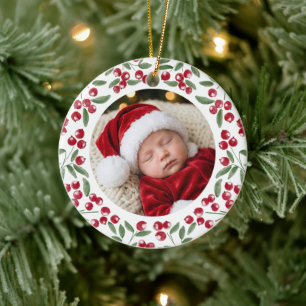 Adorno De Cerámica Marco de ramita de bayas rojas primera Navidad Fot