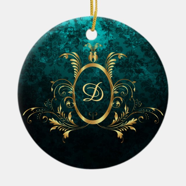 Adorno De Cerámica Marco dorado Damask de lujo personalizado (Frente)