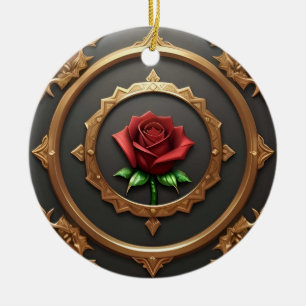Adorno De Cerámica Marco Dorado Intrincado con Rosa Roja