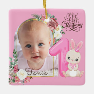 Adorno De Cerámica Marco floral rosa Primera Navidad niña