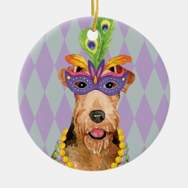 Adorno De Cerámica Mardi Gras Airedale (Frente)