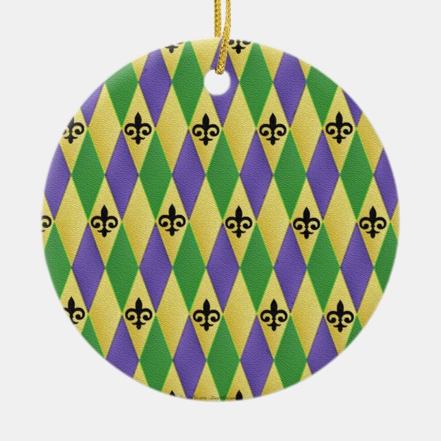 Adorno De Cerámica Mardi Gras Harlequin Fleur De Lis (Frente)