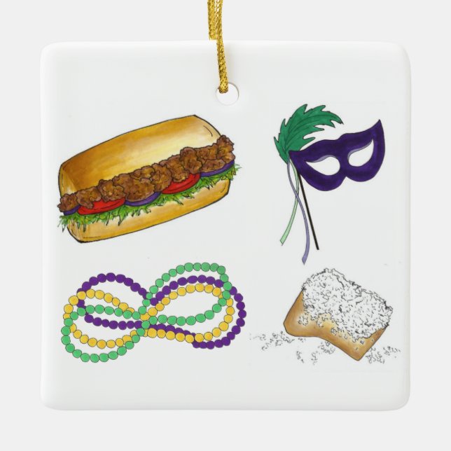 Adorno De Cerámica Mardi Gras Party Beads Beignet Po'Boy Mask (Anverso)