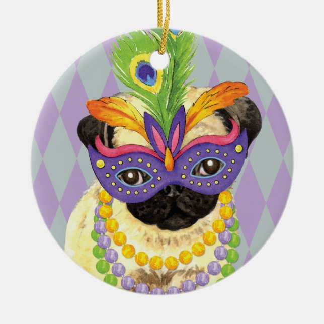 Adorno De Cerámica Mardi Gras Pug (Frente)