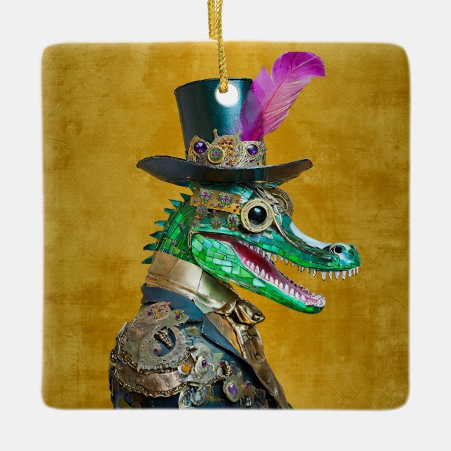 Adorno De Cerámica Mardi Gras Steampunk Fiesta Animal Alligator (Anverso)