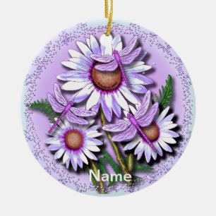 Adorno De Cerámica Margaritas Moradas Libélula