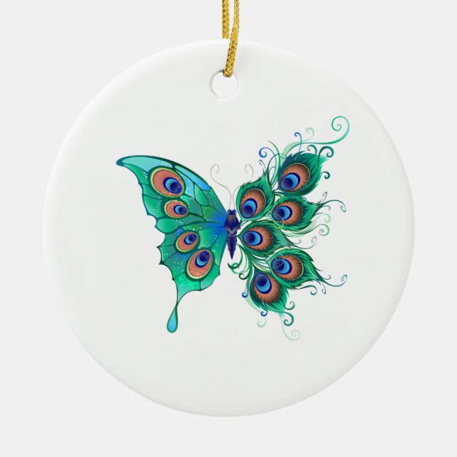 Adorno De Cerámica Mariposa con plumas de pavo real verde (Frente)