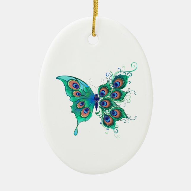 Adorno De Cerámica Mariposa con plumas de pavo real verde (Frente)