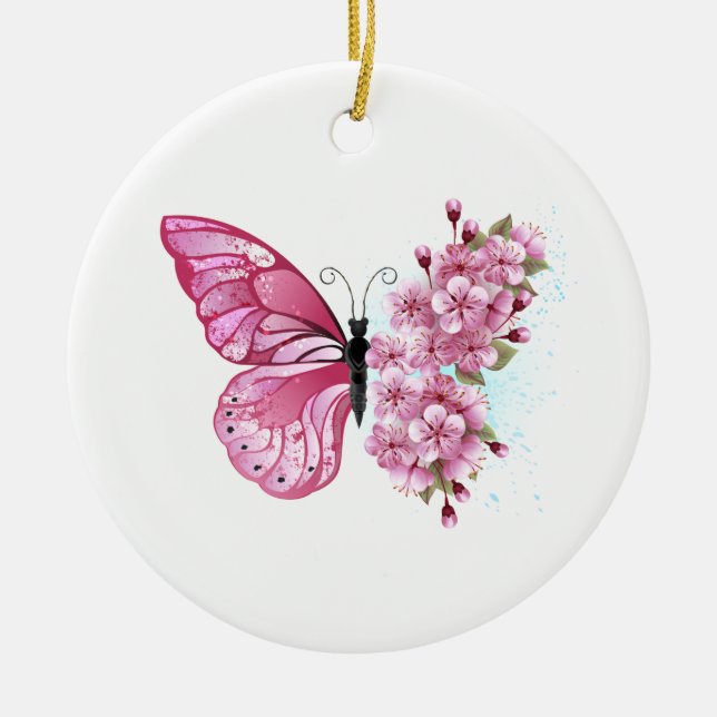 Adorno De Cerámica Mariposa de flores con Sakura rosa (Frente)