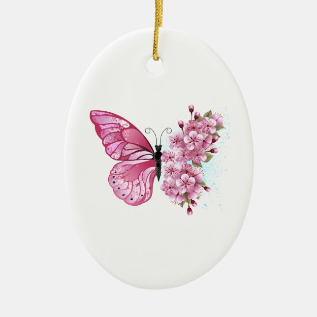 Adorno De Cerámica Mariposa de flores con Sakura rosa (Frente)
