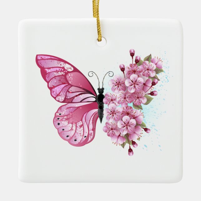 Adorno De Cerámica Mariposa de flores con Sakura rosa (Anverso)