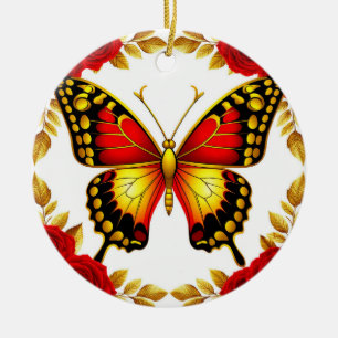 Adorno De Cerámica Mariposa Dorada Con Rosas Rojas Y Hojas Doradas