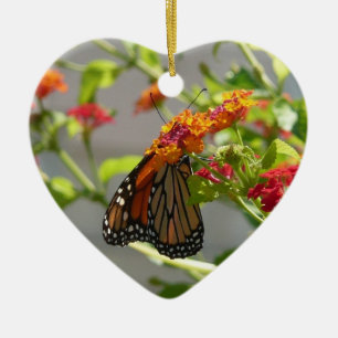 Adorno De Cerámica Mariposa Monarca en Arbusto de Mariposas Rojo