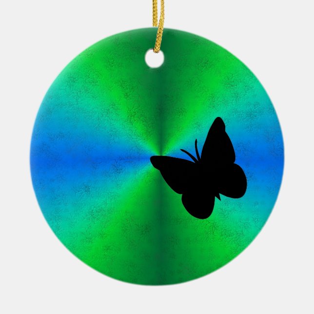 Adorno De Cerámica Mariposa negra en arcoiris verde azul (Frente)