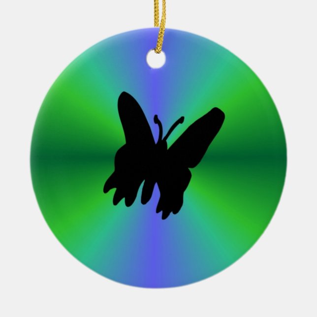 Adorno De Cerámica Mariposa negra en arcoiris verde azul (Frente)