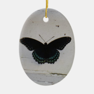 Adorno De Cerámica Mariposa negra y azul en madera blanca lavada