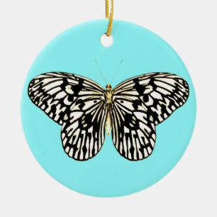 Adorno De Cerámica Mariposa negra y blanca, fondo turquesa