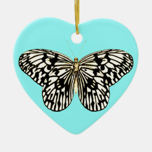 Adorno De Cerámica Mariposa negra y blanca, fondo turquesa