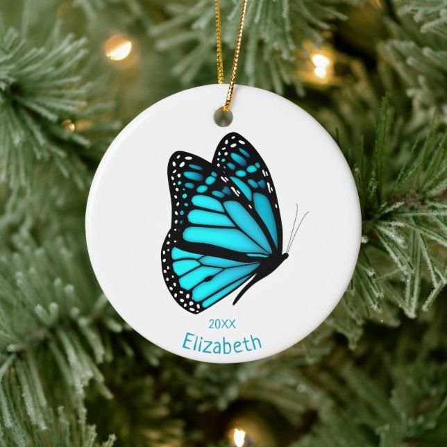 Adorno De Cerámica mariposa turquesa de bonito en vuelo personalizada (Árbol)