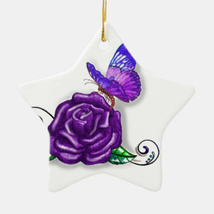 Adorno De Cerámica Mariposa violeta y diseño Rosa