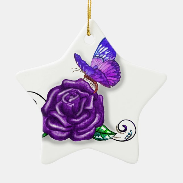 Adorno De Cerámica Mariposa violeta y diseño Rosa (Frente)
