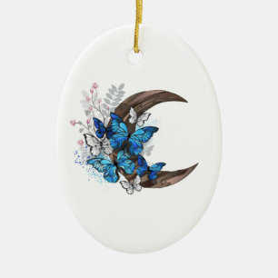 Adorno De Cerámica Mariposas azules en creciente de madera