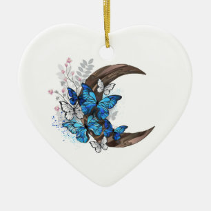 Adorno De Cerámica Mariposas azules sobre la media luna de madera