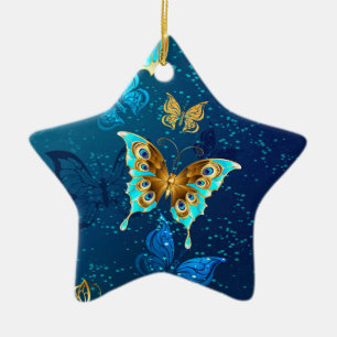 Adorno De Cerámica Mariposas doradas sobre fondo azul