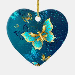 Adorno De Cerámica Mariposas doradas sobre fondo azul