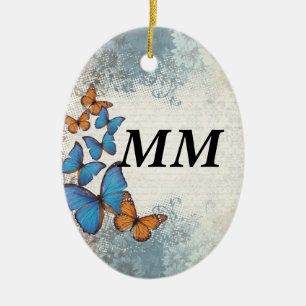 Adorno De Cerámica Mariposas florales azules