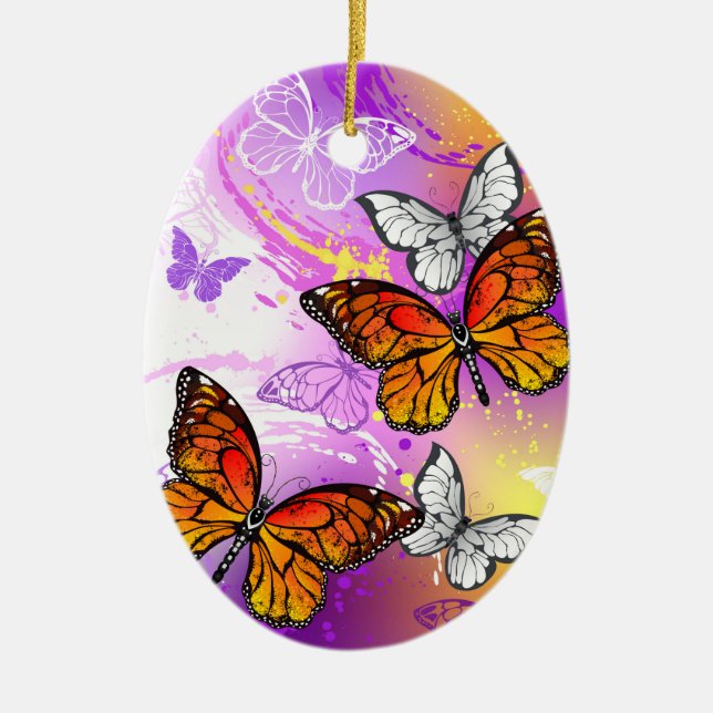 Adorno De Cerámica Mariposas monarcas en fondo morado (Frente)
