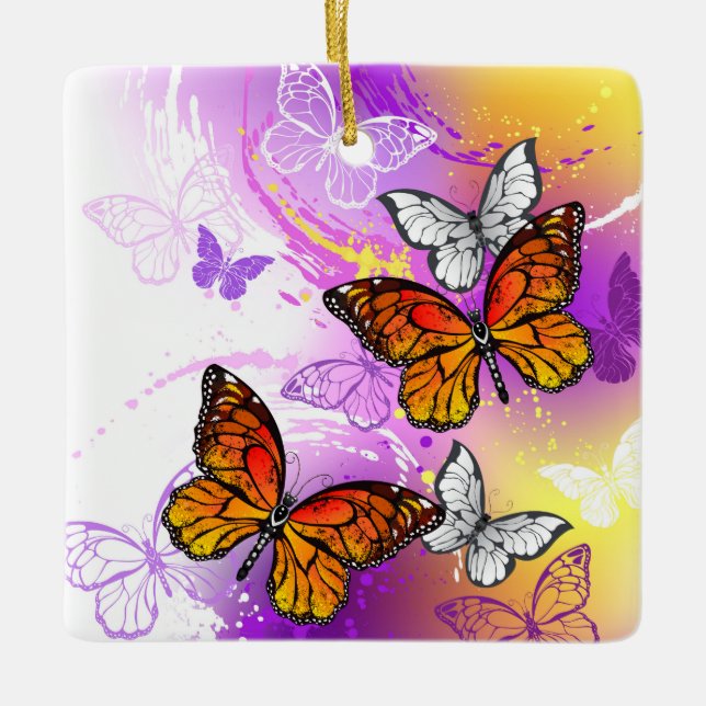 Adorno De Cerámica Mariposas monarcas en fondo morado (Anverso)