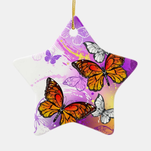 Adorno De Cerámica Mariposas monarcas en fondo morado (Frente)