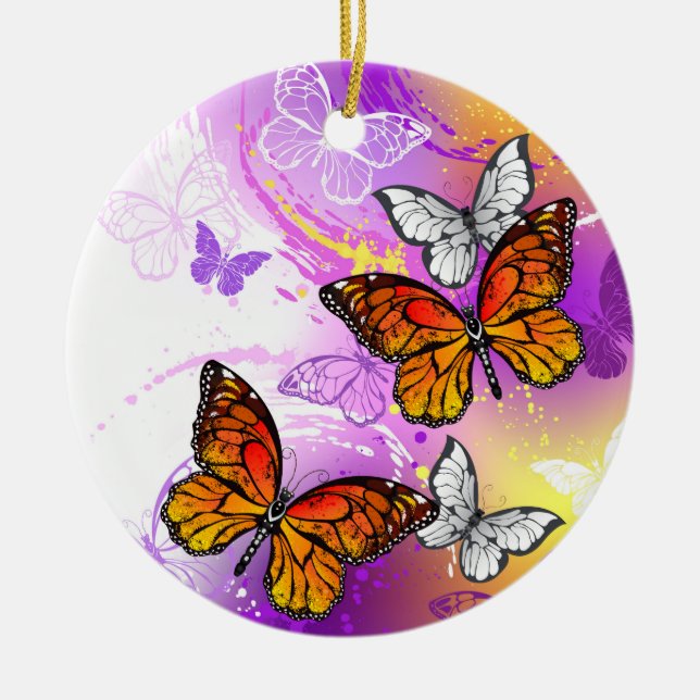 Adorno De Cerámica Mariposas monarcas en fondo morado (Frente)