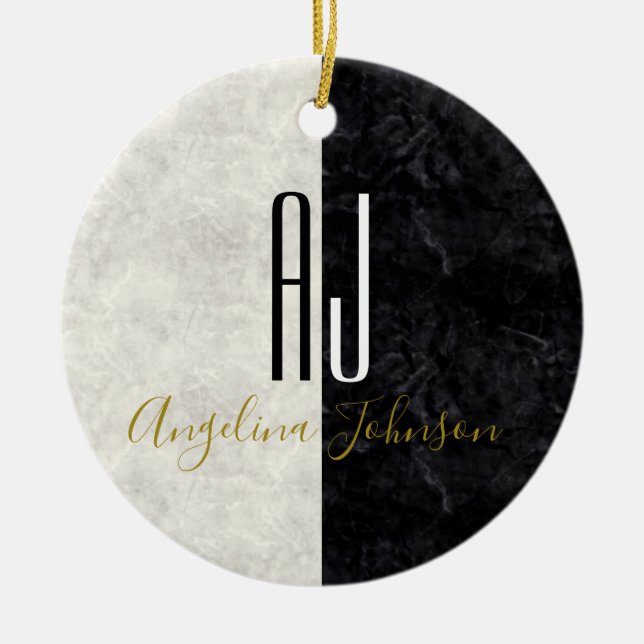 Adorno De Cerámica Mármol Monogramado Negro y Blanco (Frente)