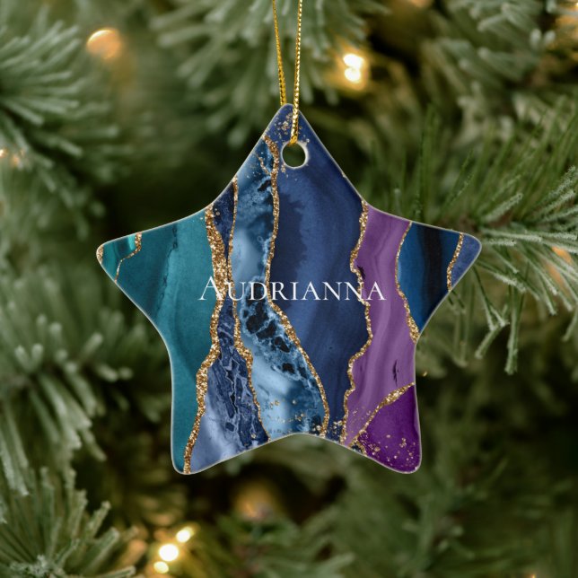Adorno De Cerámica Mármol Purpurina de oro azul turquesa (Árbol)