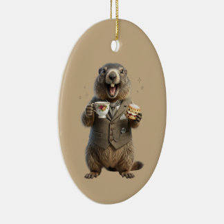Adorno De Cerámica Marmota bebiendo té