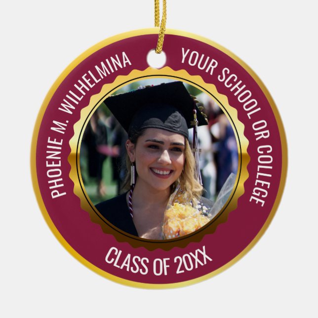 Adorno De Cerámica Maroon Red Gold 2 Photo Graduation Class of 2023 (Frente)