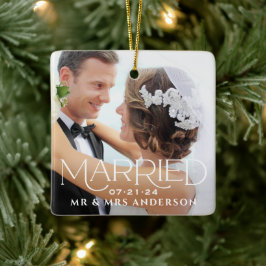 Adorno De Cerámica Married Christmas Custom Wedding Photo Monogram