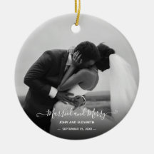 Married Merry First Christmas Black White Photo O