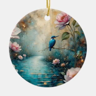 Adorno De Cerámica Martín pescador y rosas rosadas