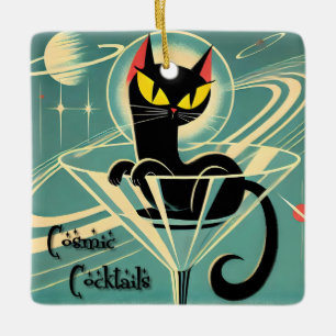 Adorno De Cerámica Martini de gato negro de la era espacial futurista